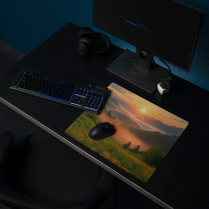 Premium edge-stitched large non-slip gaming mouse pad with mountain sunrise over green fields