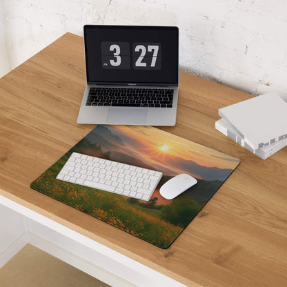 Premium edge-stitched large non-slip gaming mouse pad with mountain sunrise warmth