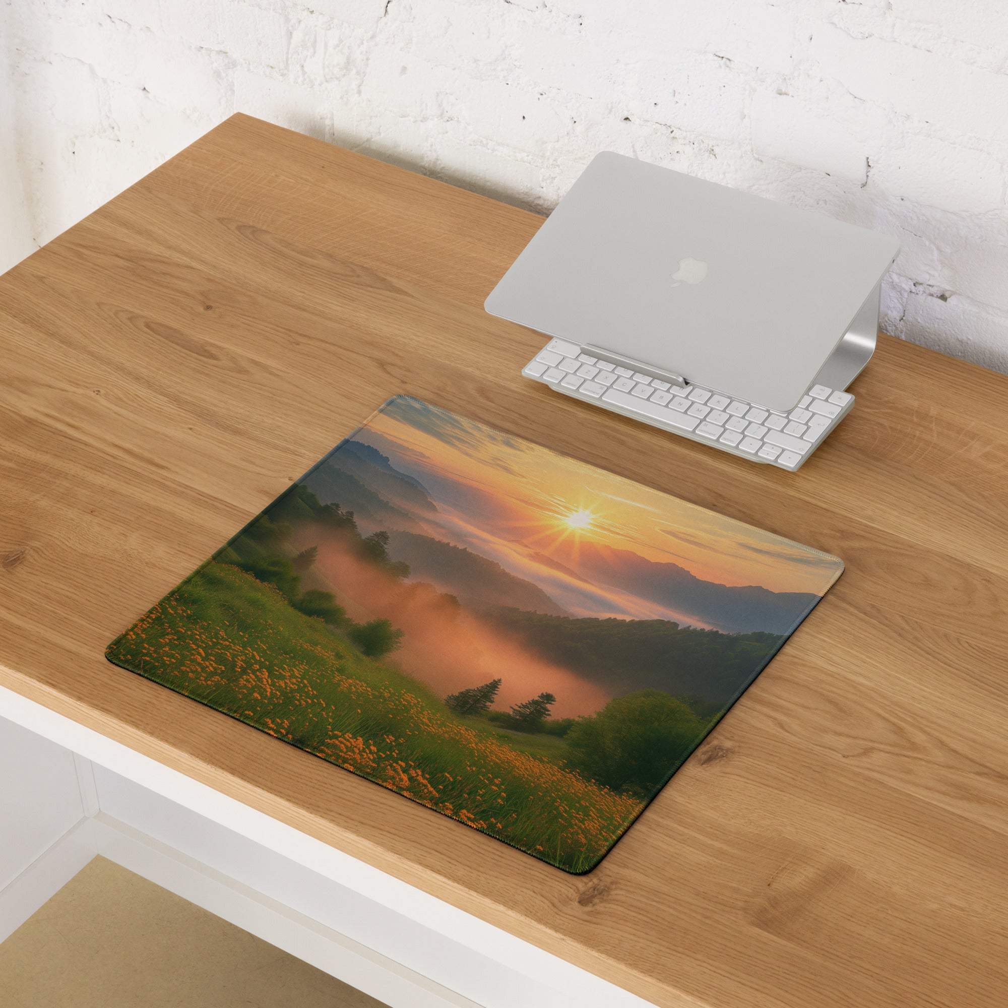 Premium edge-stitched large non-slip gaming mouse pad with mountain sunrise