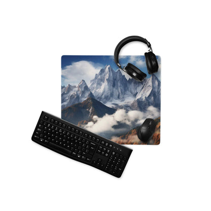 Black matte qwerty keyboard on epic mountain landscape gaming mouse pad