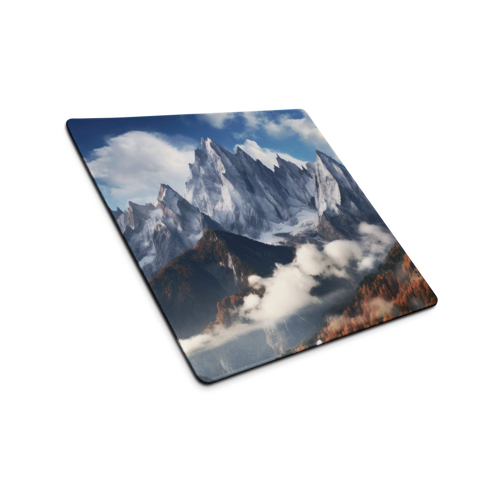 Epic mountain landscape mouse pad with snow peaks, blue sky, non-slip base