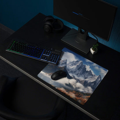 Epic Mountain Landscape mouse pad with snow-capped peaks on dark desk