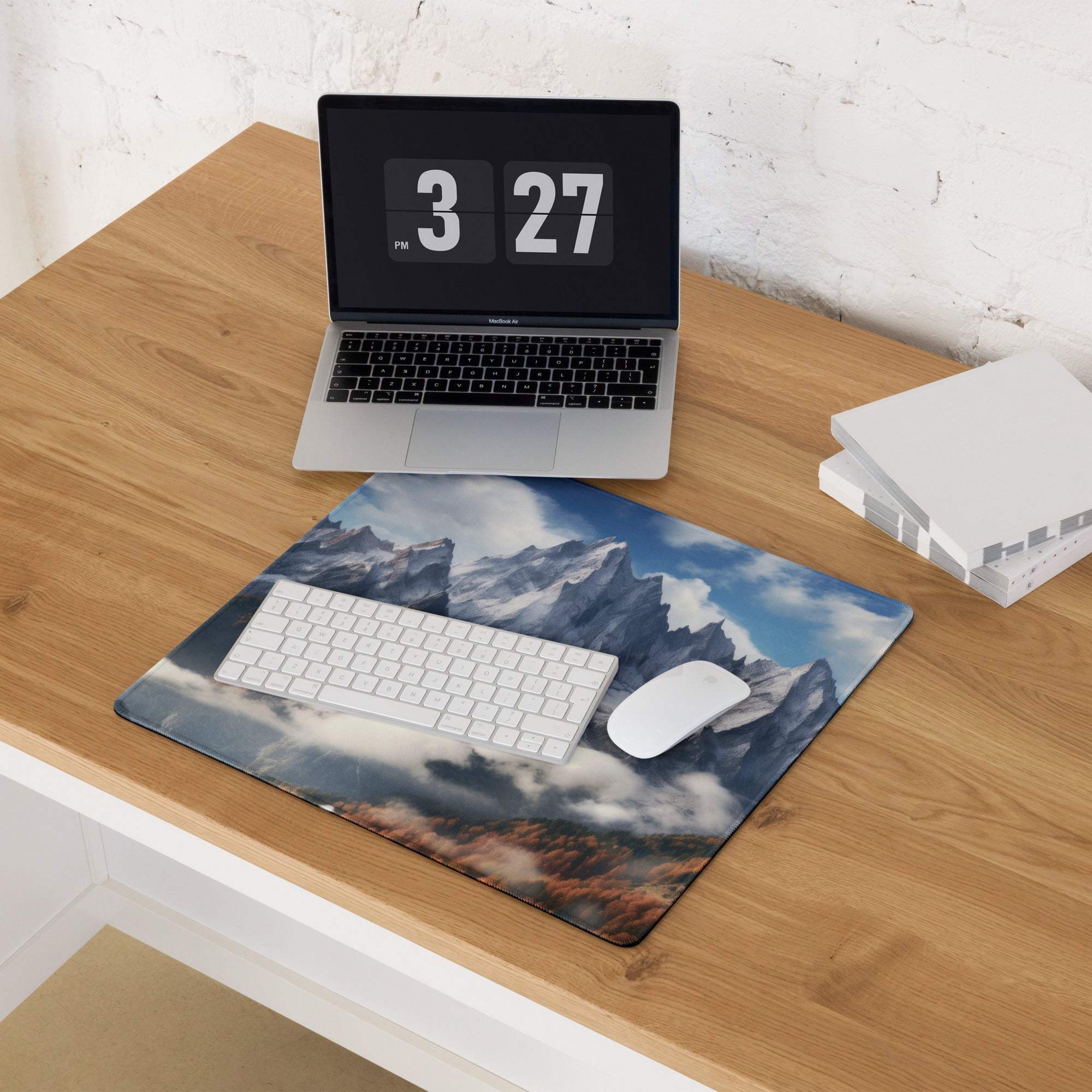 Epic mountain landscape gaming mouse pad with snow peaks, blue sky, non-slip base
