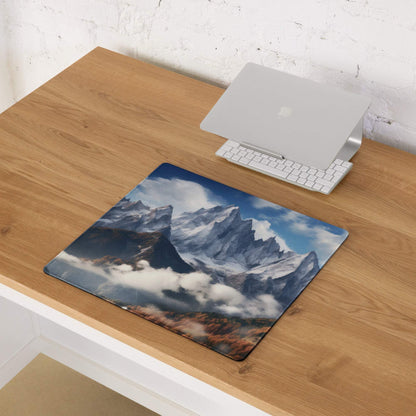 Epic mountain landscape mouse pad with snow peaks, blue sky, non-slip base