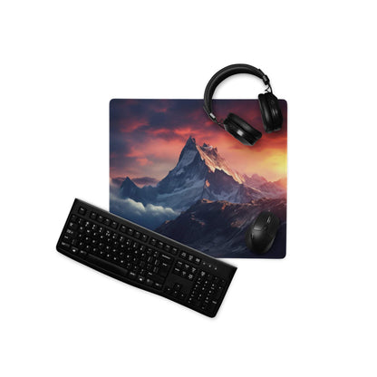 Black Epic Mountain Sunrise gaming mouse pad with vibrant fiery orange purple sunset skies