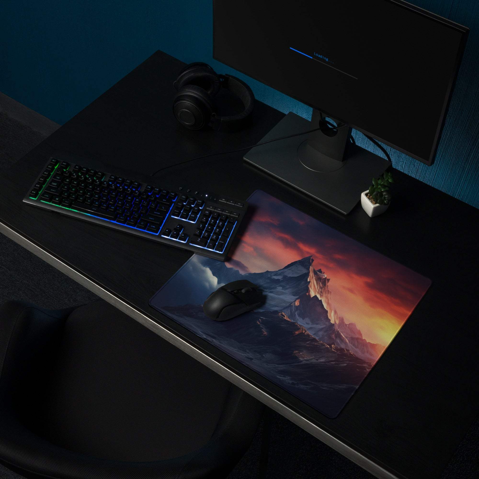 Epic Mountain Sunrise vibrant sunset mouse pad with jagged peaks