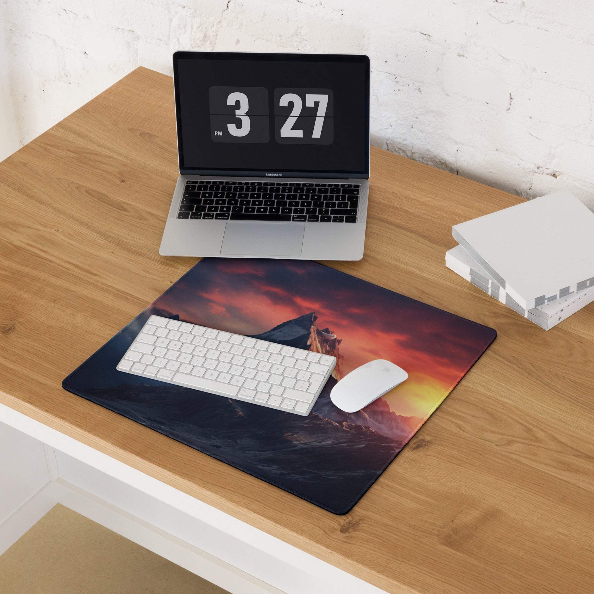 Epic Mountain Sunrise gaming mousepad with vibrant sunset over rugged peaks