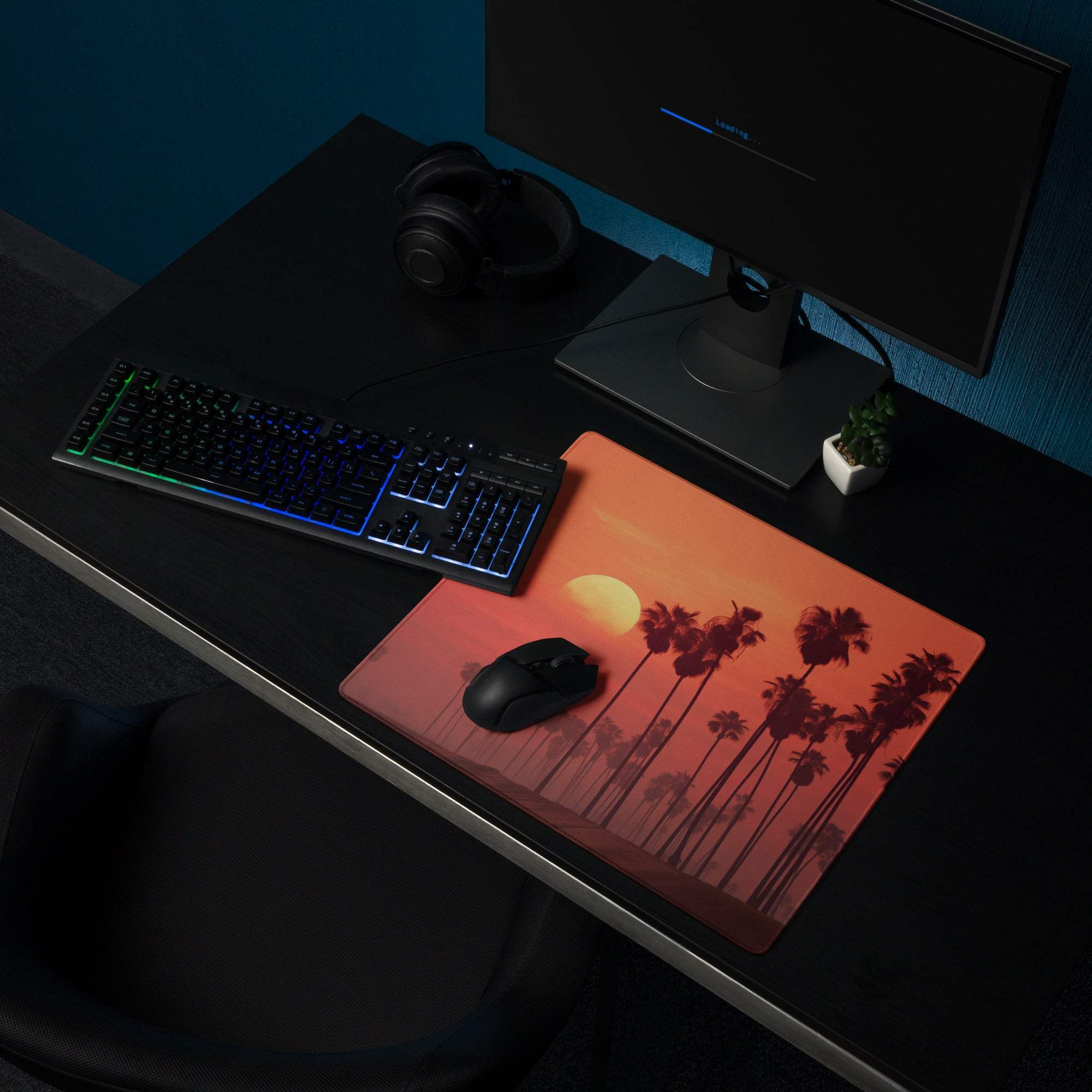 Vibrant sunset palm trees large gaming mouse pad with non-slip base
