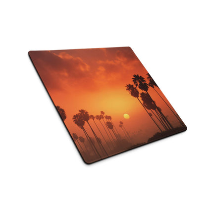 Square mousepad with vibrant sunset palm silhouettes, orange sky, non-slip base