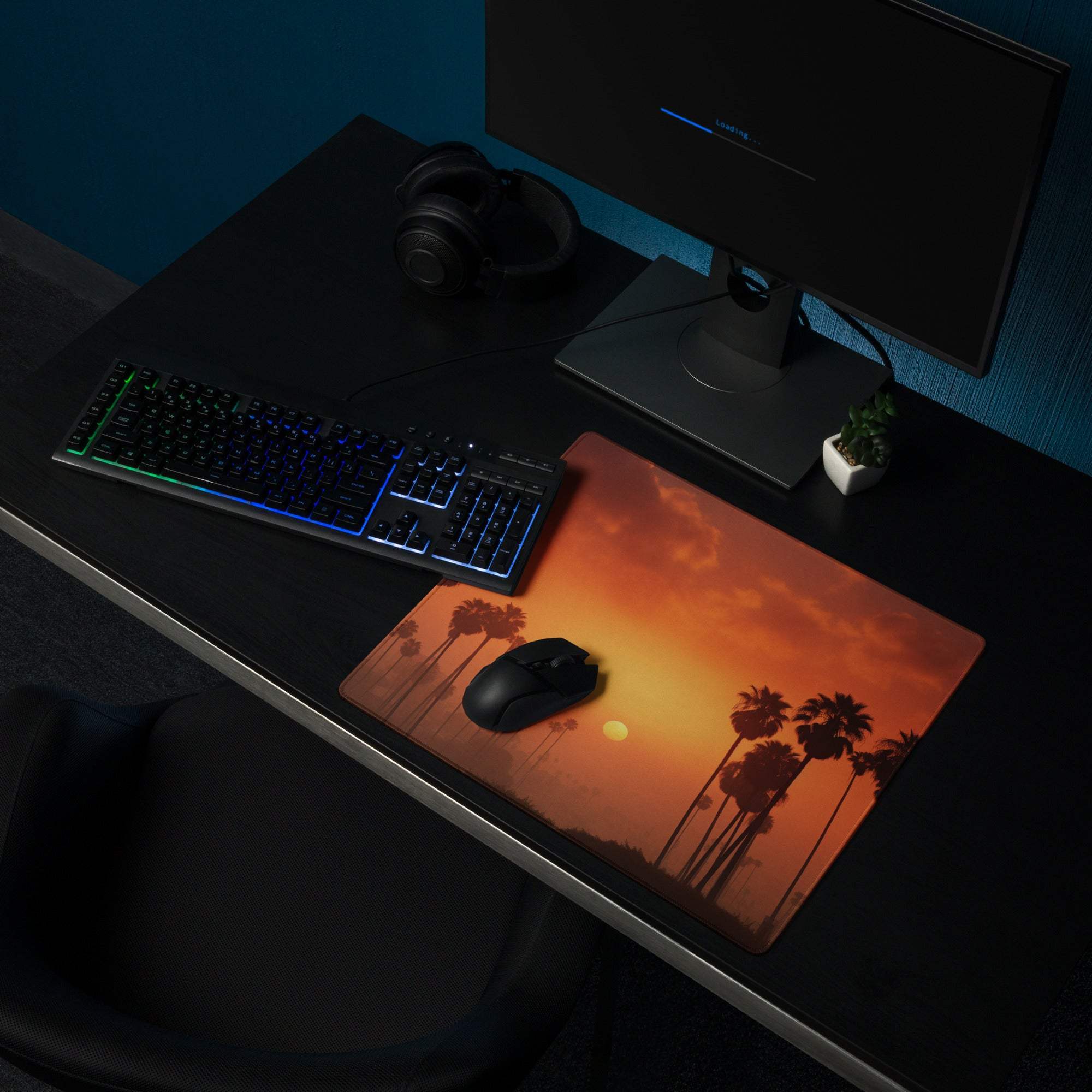 Large Sunset Palm Silhouettes Gaming Mouse Pad, Orange Sky, Non-Slip Base