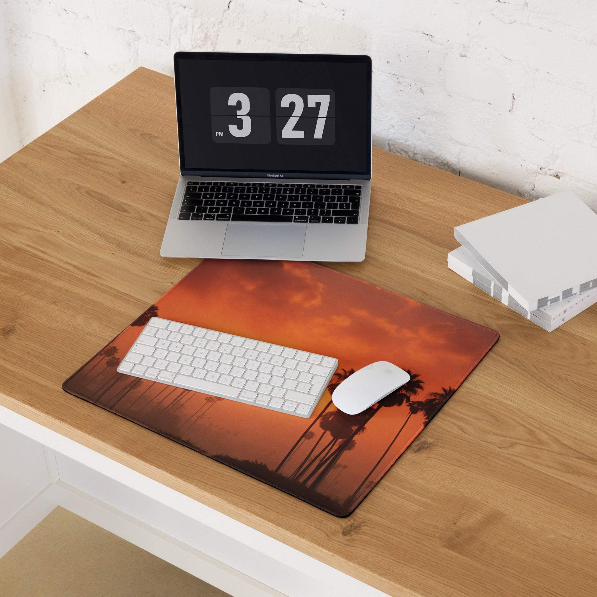 Orange sunset palm tree design large gaming mousepad with non-slip base