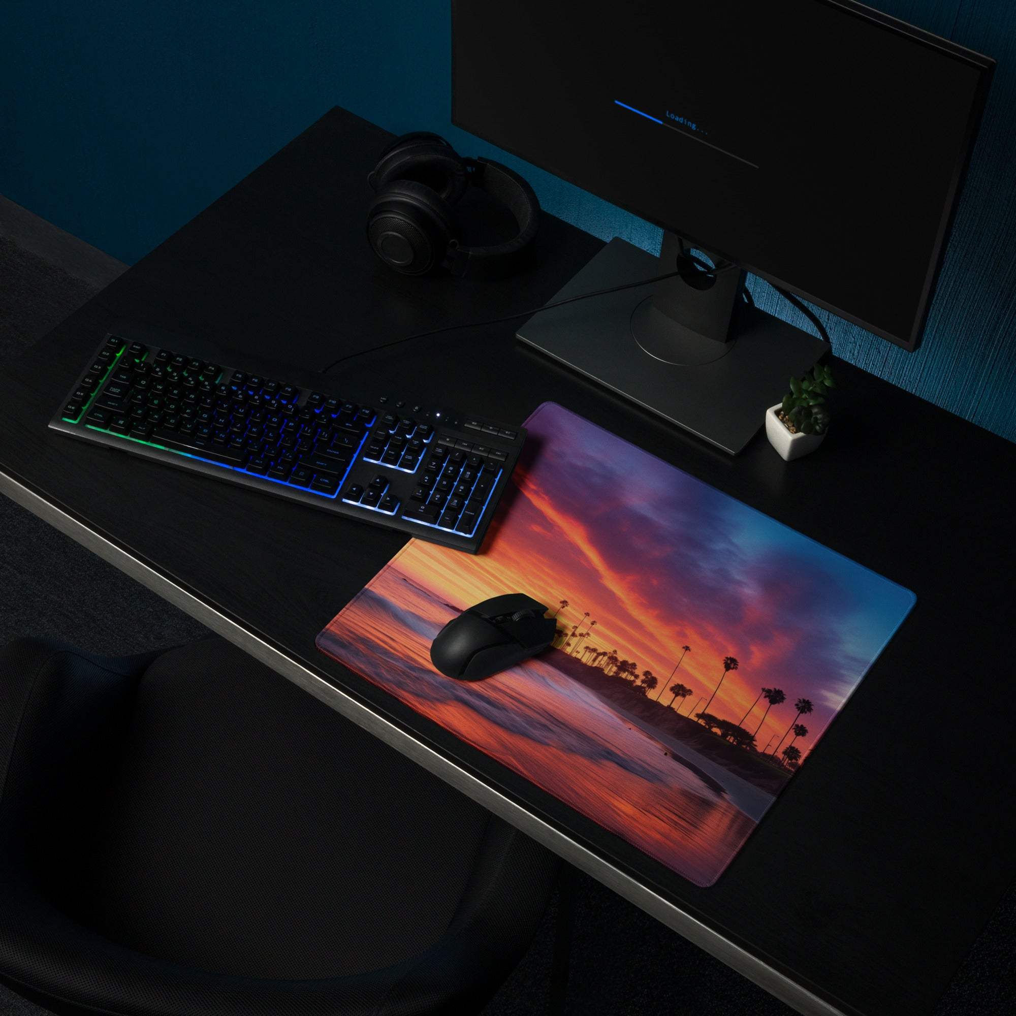 Vibrant sunset beach palm trees gaming mouse pad on dark desk