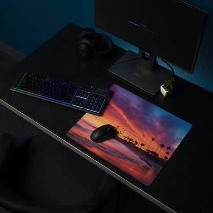 Vibrant sunset beach palm trees gaming mouse pad on dark desk