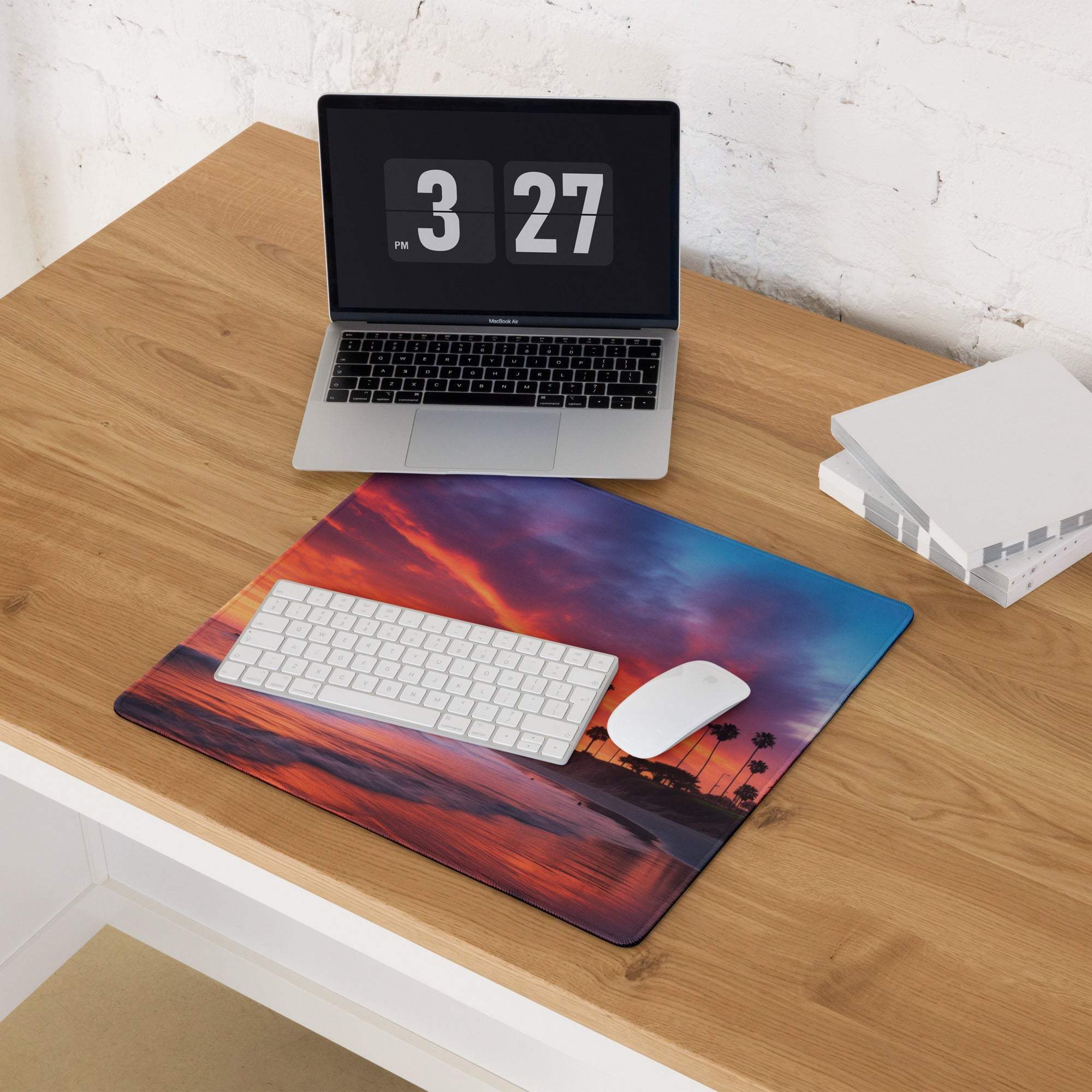 Vibrant sunset beach mouse pad with palm trees, large non-slip gaming design