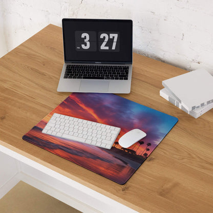 Vibrant sunset beach mouse pad with palm trees, large non-slip gaming design