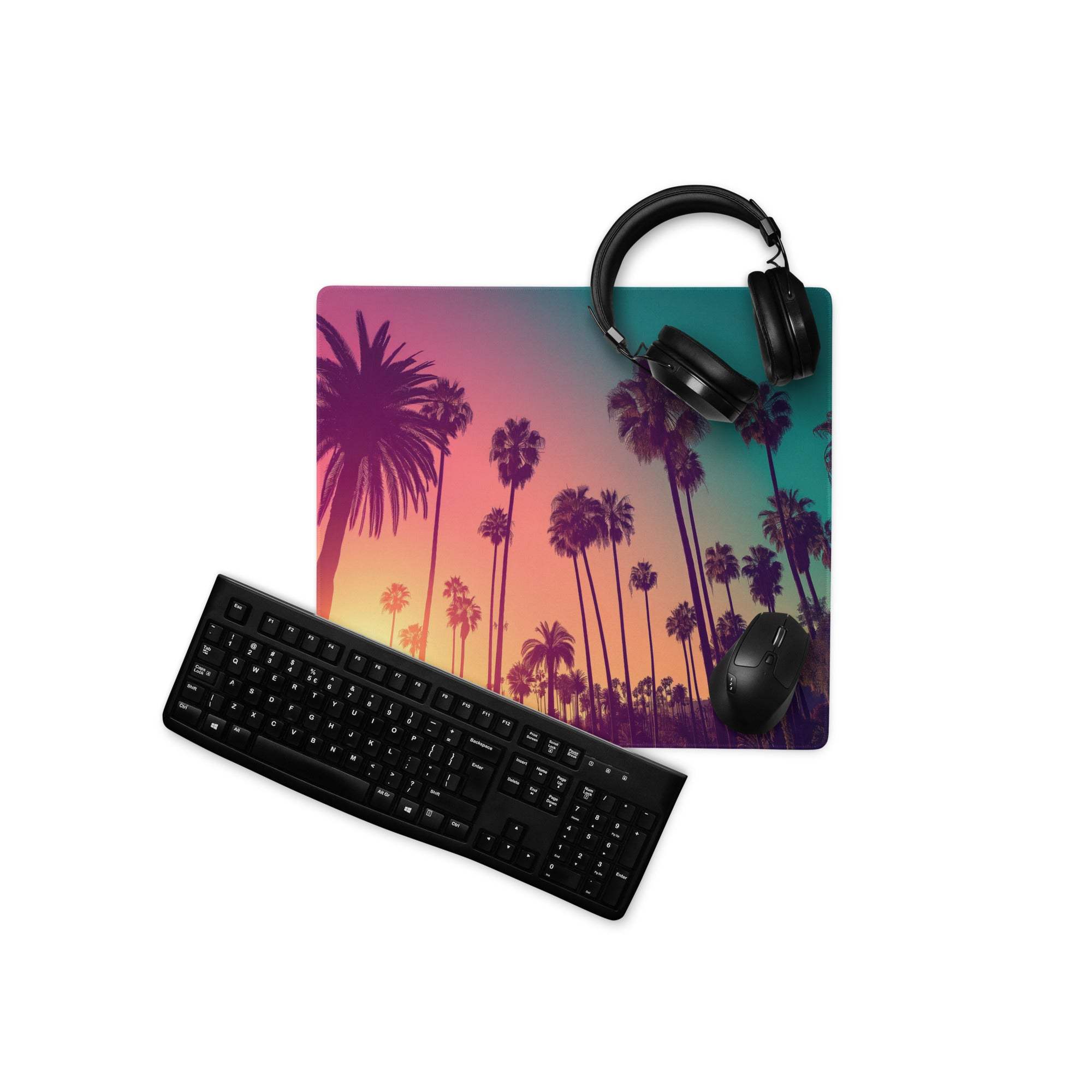Vibrant tropical sunset palm trees gradient gaming mouse pad with headphones and keyboard