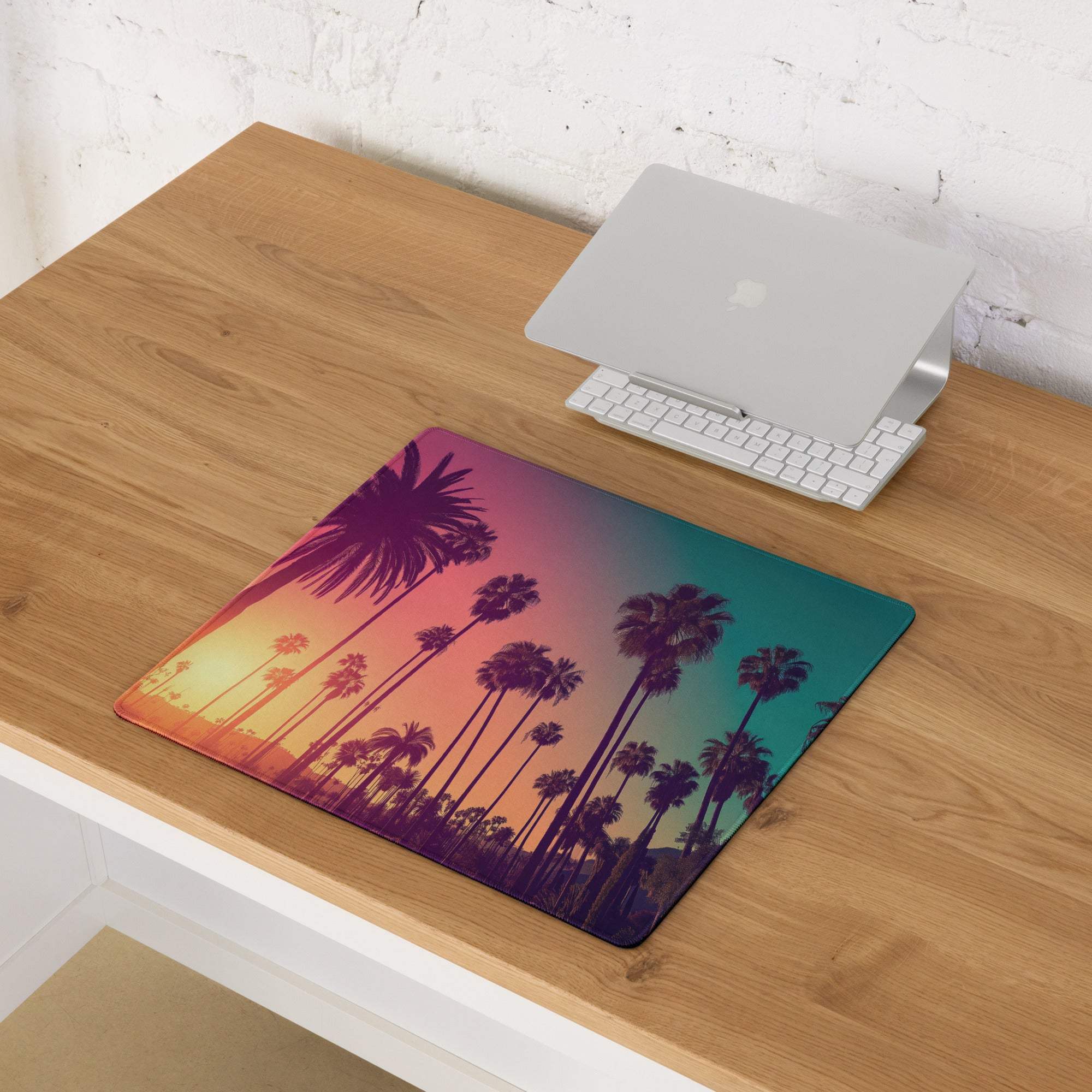 Vibrant tropical sunset palm tree gradient silhouette gaming mouse pad