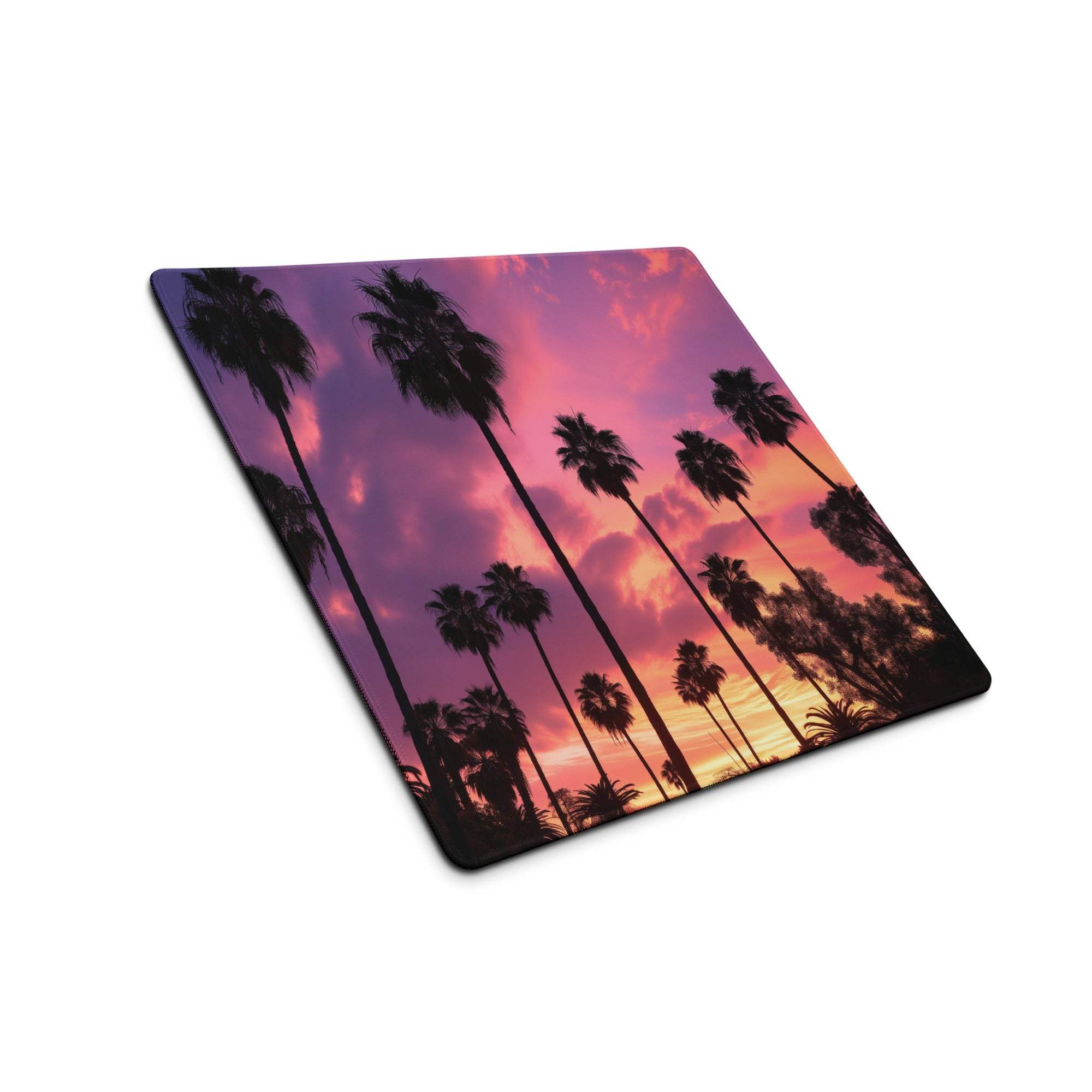 Large square Sunset Palm Trees gaming mouse pad with vibrant sunset, silhouetted palms, non-slip backing