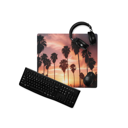 Sunset palm trees large gaming mouse pad with headphones