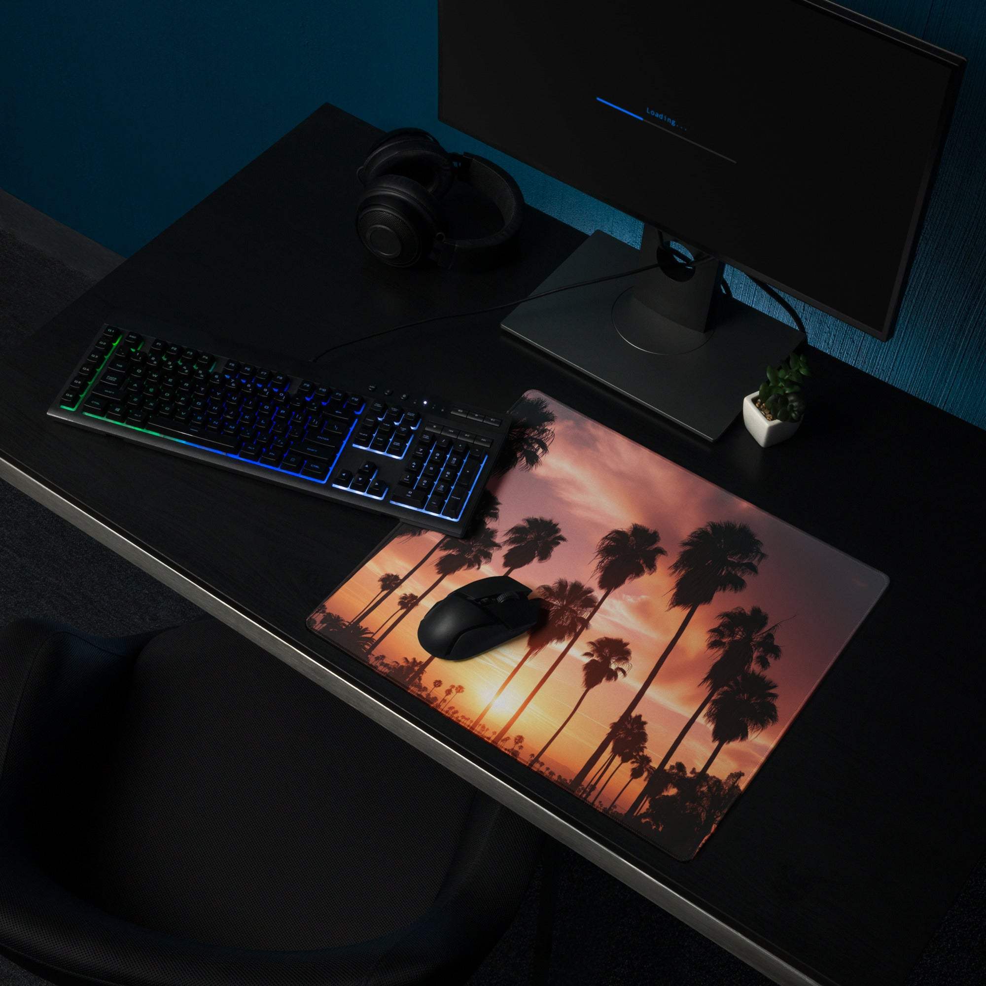 Sunset palm trees large gaming mouse pad with vibrant silhouetted scene