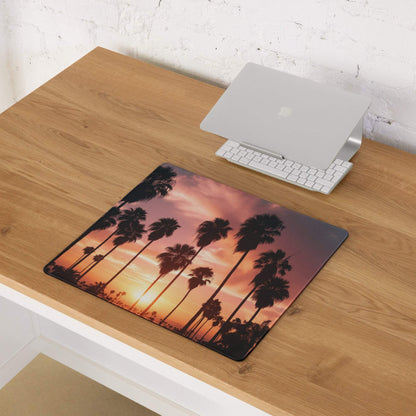 Sunset palm trees large gaming mouse pad with non-slip base and stitched edges