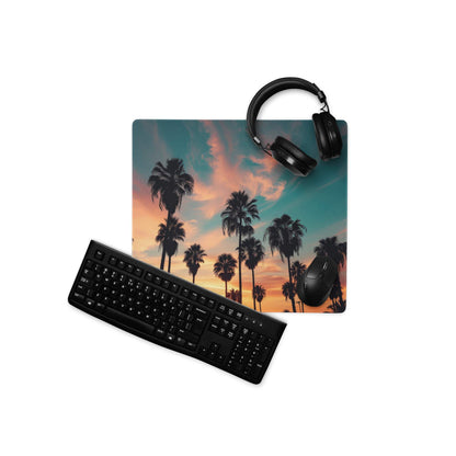Vibrant sunset palm trees gaming mouse pad with non-slip base, headphones, keyboard