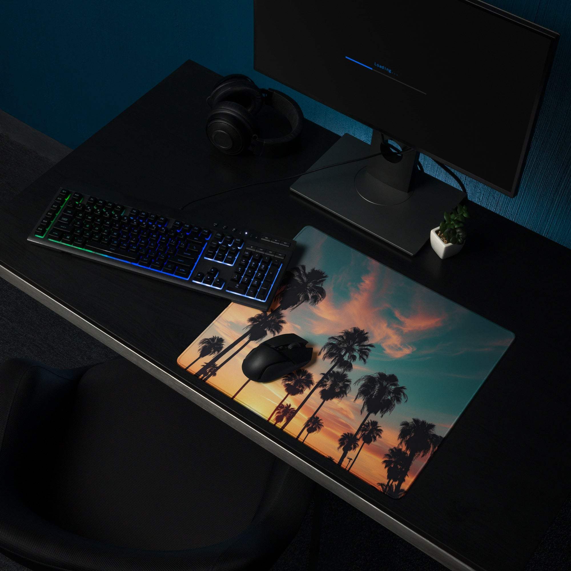 Vibrant sunset palm trees gaming mouse pad with non-slip base