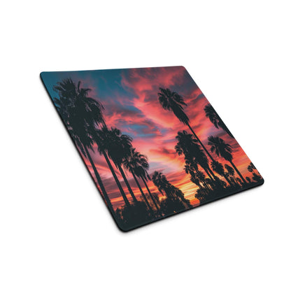 Large palm tree sunset gaming mouse pad with non-slip back and stitched edges