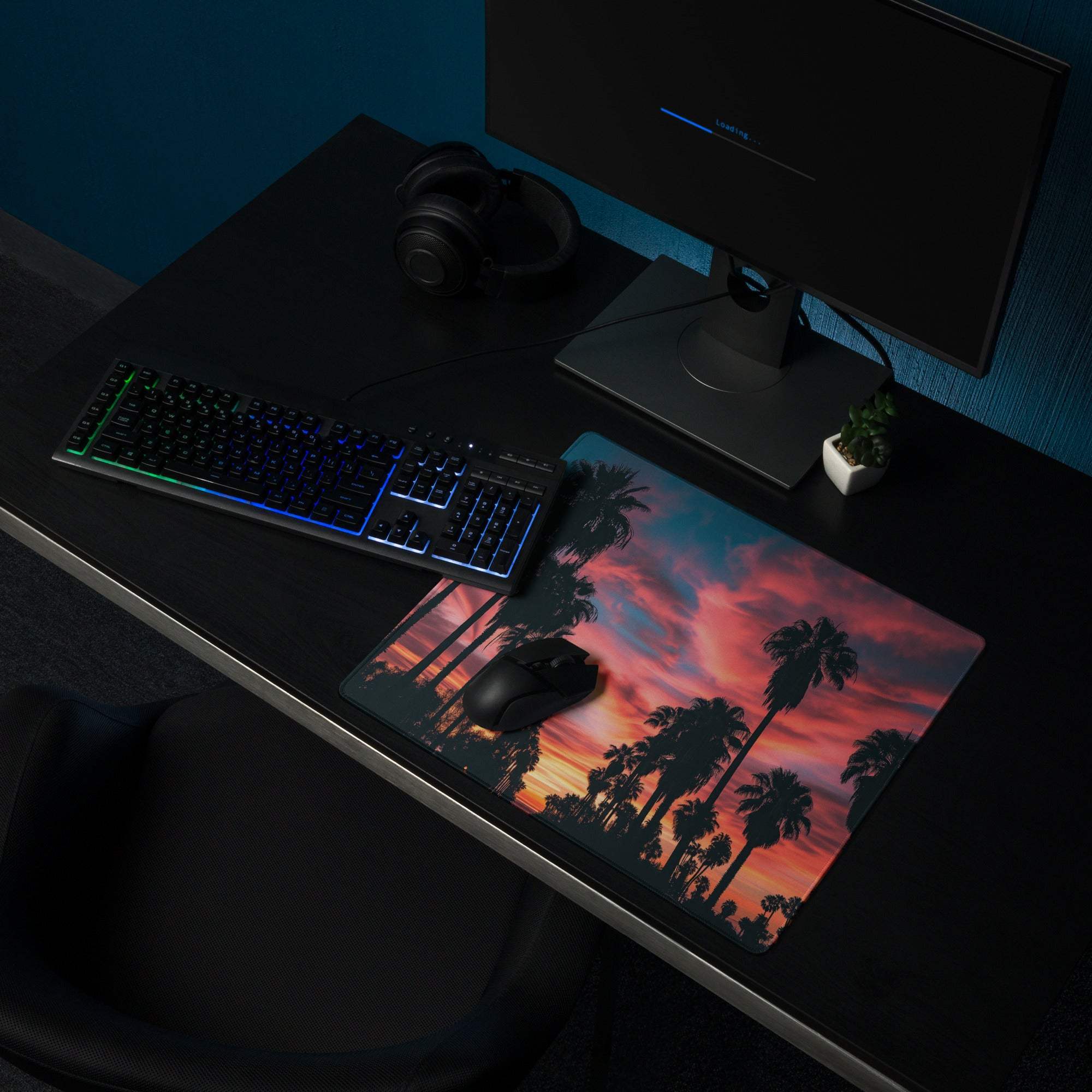 Large palm tree sunset gaming mouse pad with non-slip back and stitched edges