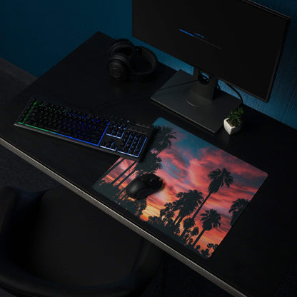Large palm tree sunset gaming mouse pad with non-slip back and stitched edges