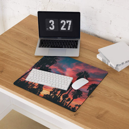 Large palm tree sunset gaming mouse pad with non-slip back and stitched edges