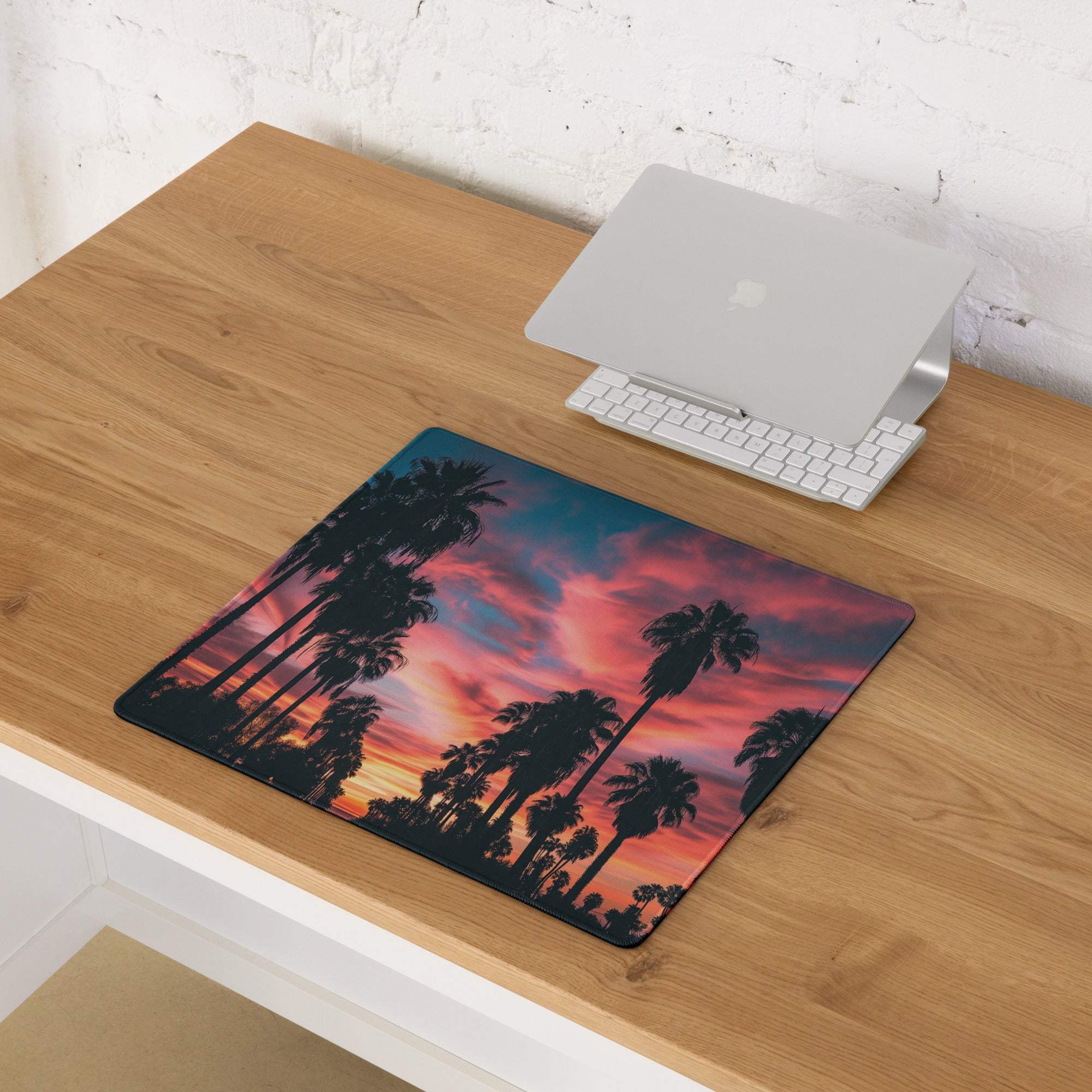 Large palm tree sunset gaming mouse pad with vibrant gradient sky and non-slip back