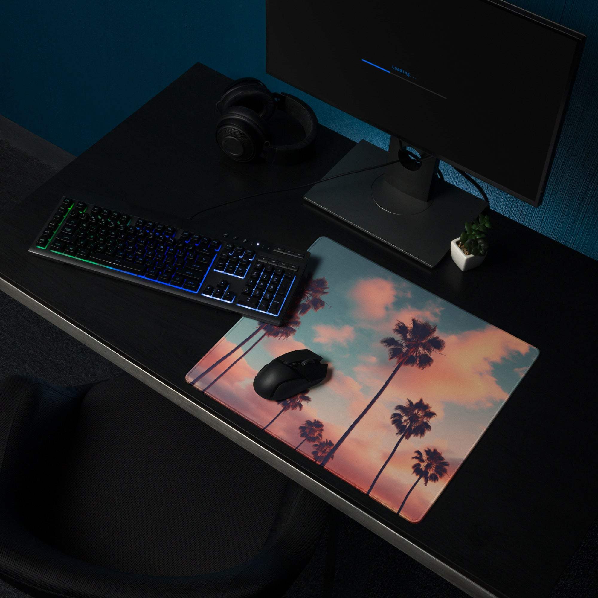 Dreamy palm tree sunset pink sky gradient large gaming mouse pad