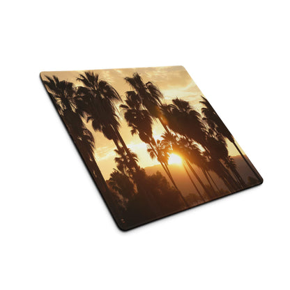 Square palm tree sunset glossy coaster on large gaming mouse pad