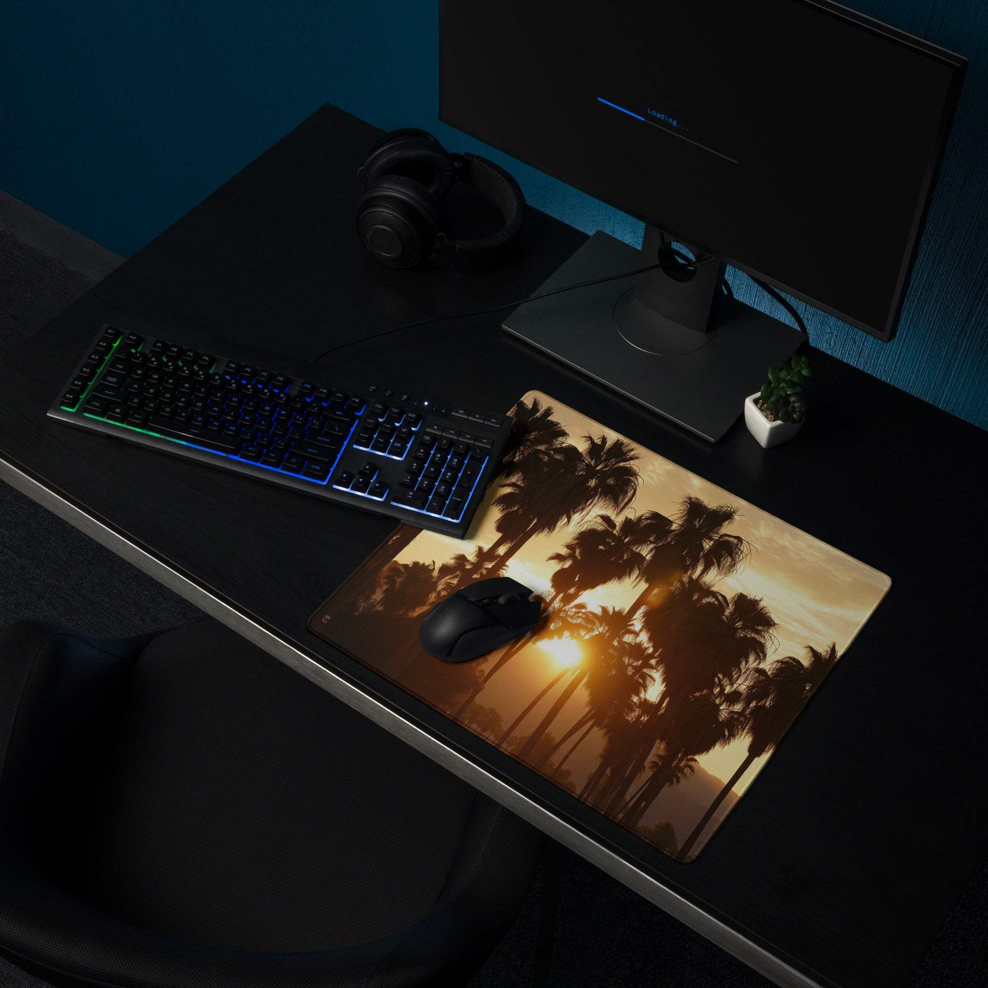 Tropical sunset palm tree large gaming mouse pad with non-slip base