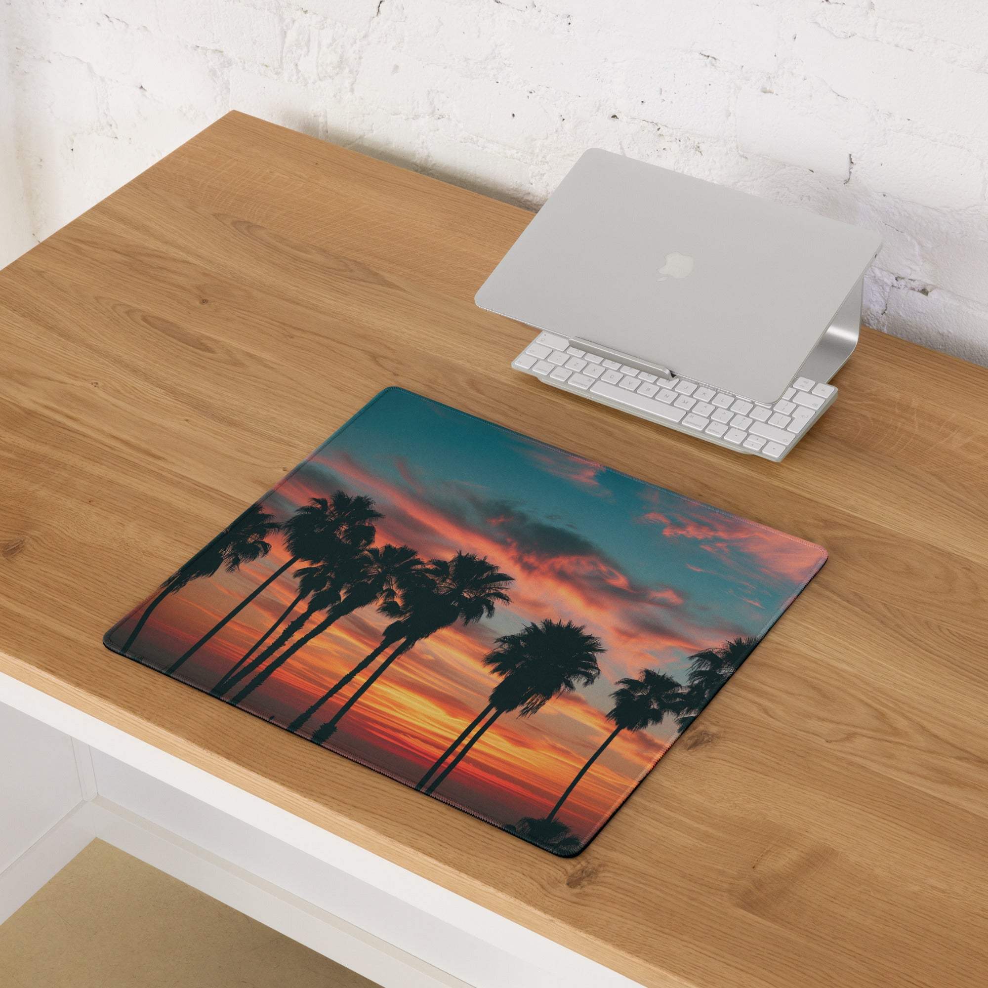 Epic sunset palm tree gaming mouse pad with non-slip base