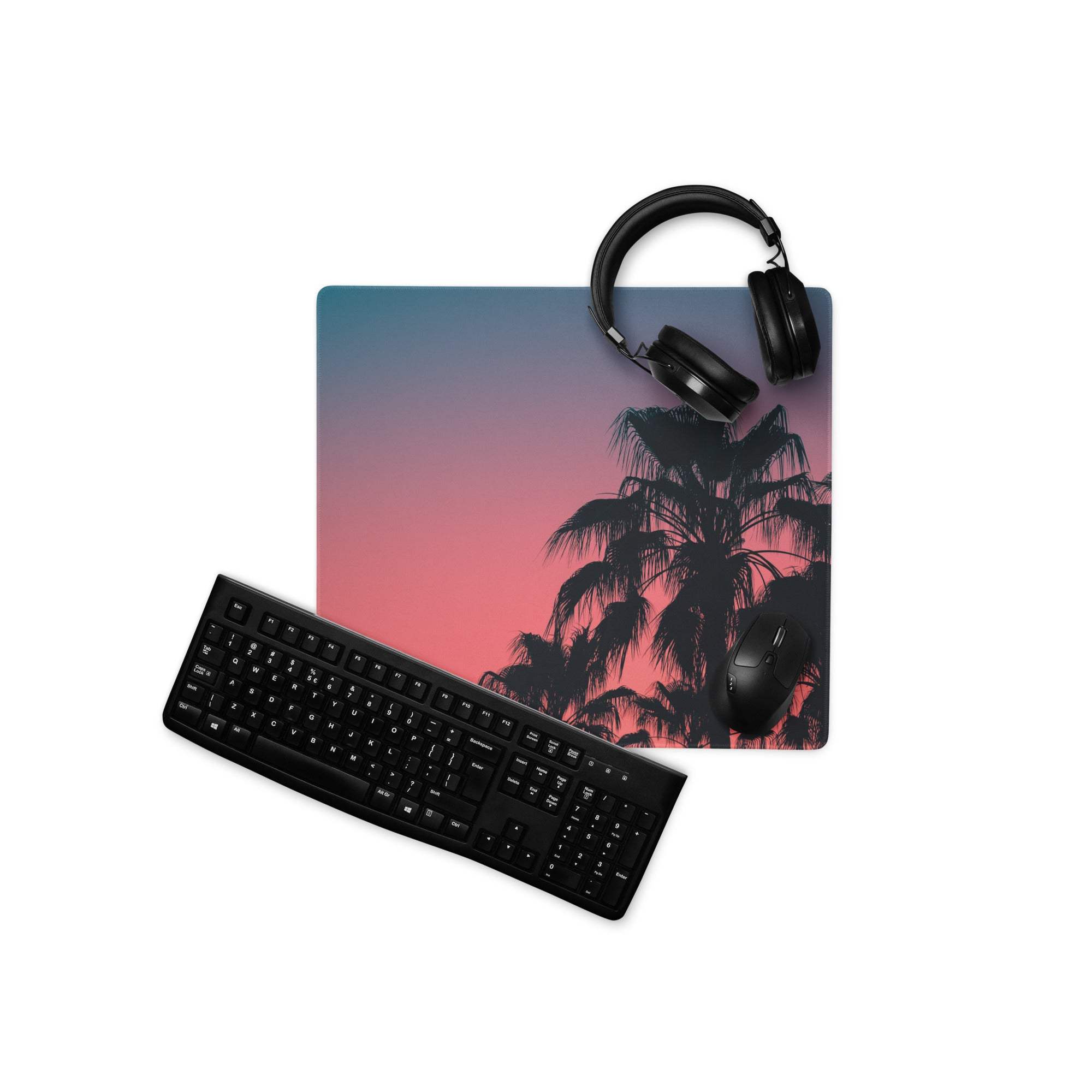 Vibrant palm trees sunset large gaming mouse pad with headphones and keyboard