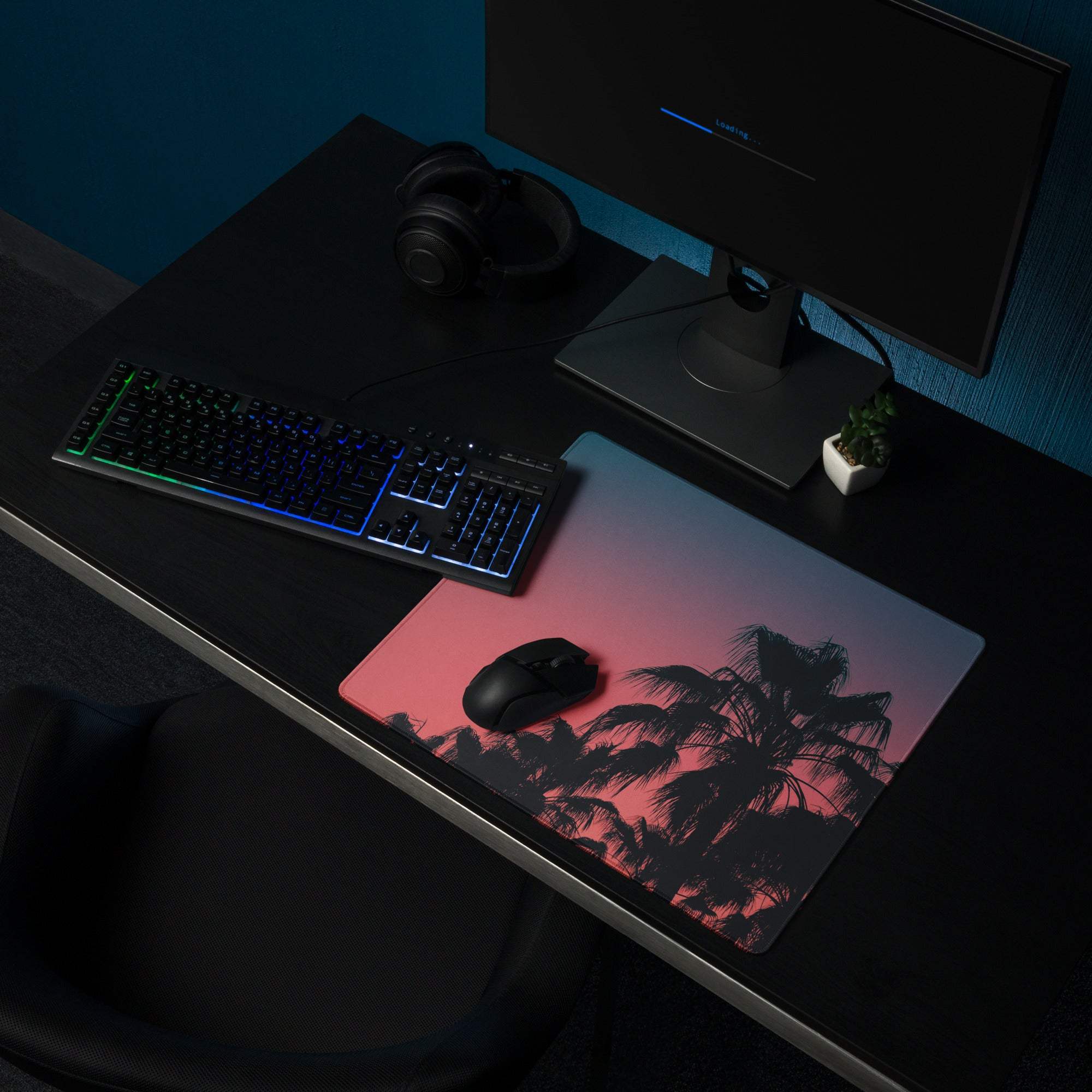 Vibrant palm trees sunset large gaming mouse pad with gradient design