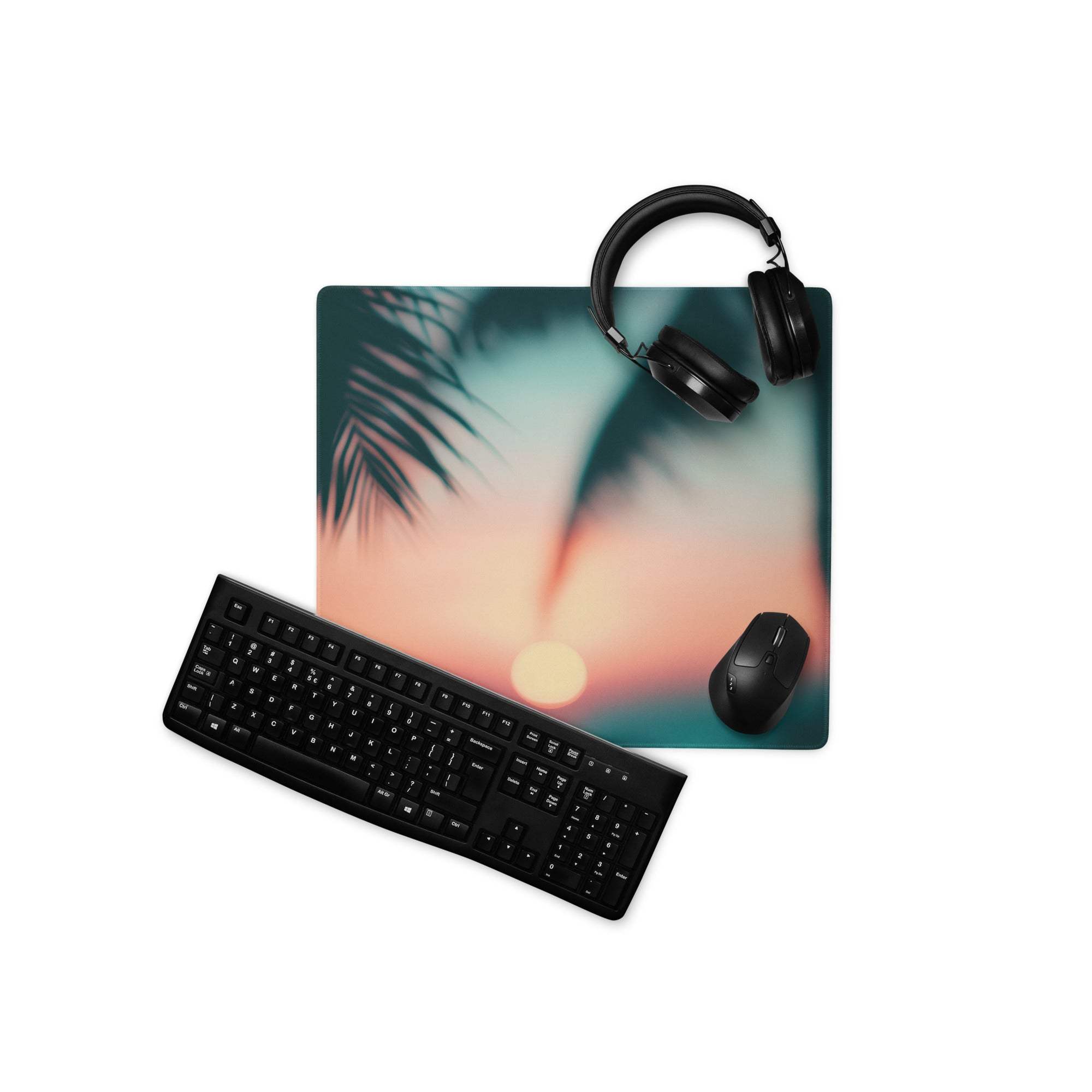 Premium large sunset glow gaming mouse pad with tropical sunset design