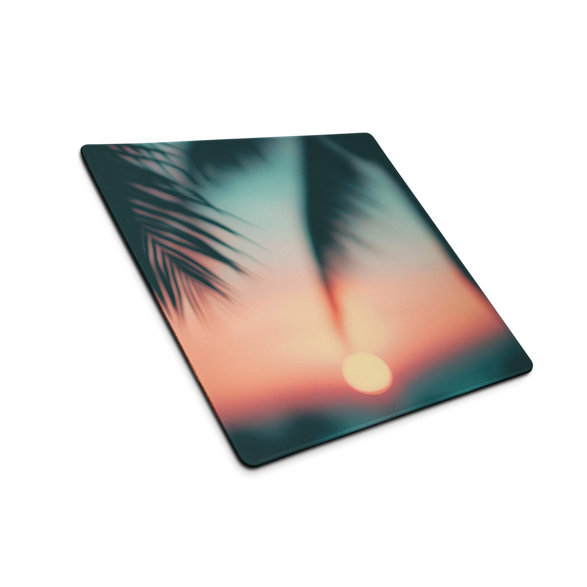 Premium large sunset glow gaming mouse pad with tropical sunset and non-slip base