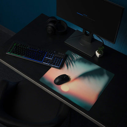 Premium large sunset glow gaming mouse pad with vibrant sunset and palm fronds on desk