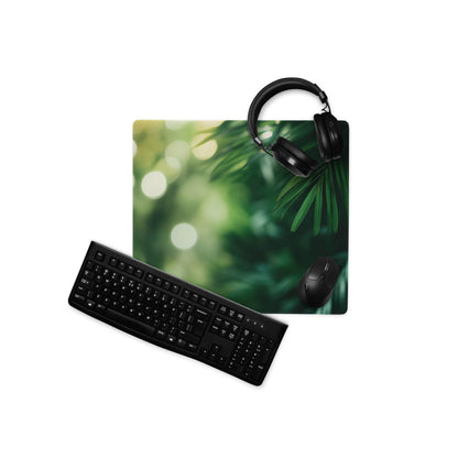 Black over-ear headphones on green tropical leaf gaming mouse pad