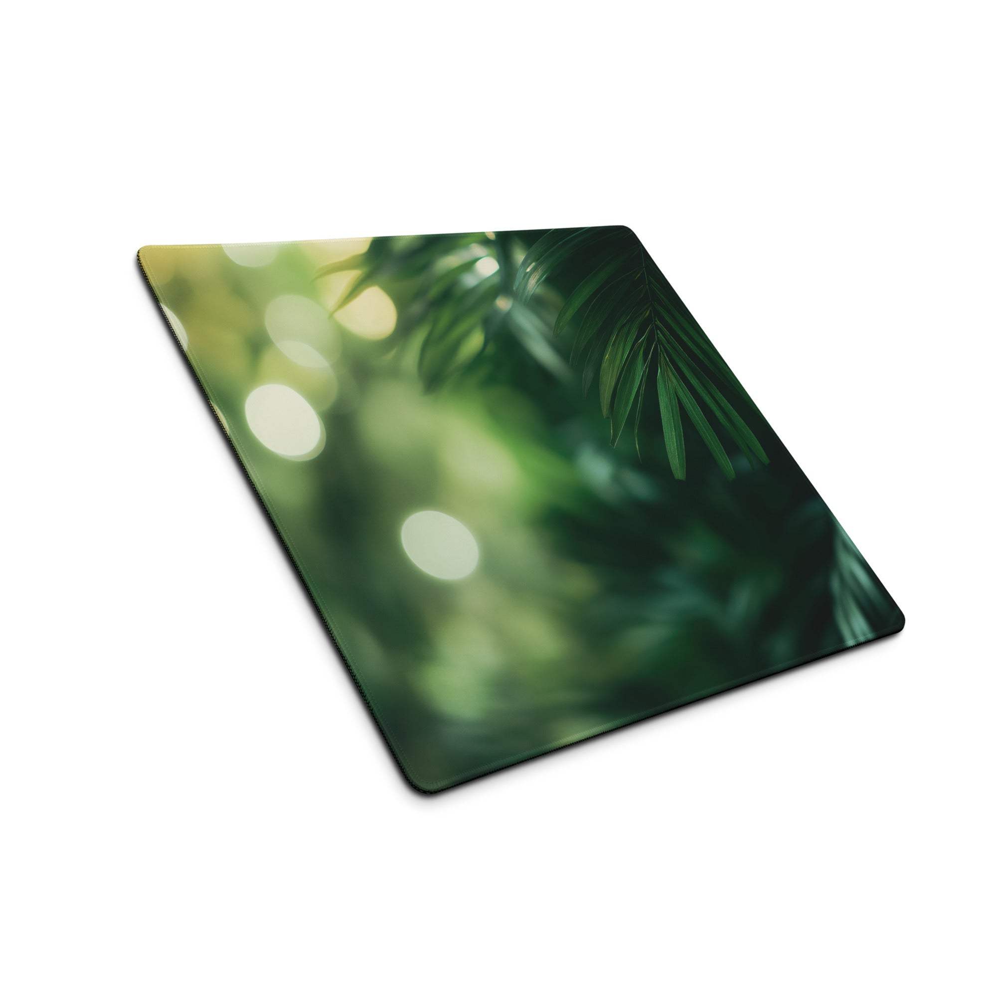 Vibrant green tropical leaf square gaming mouse pad with non-slip backing