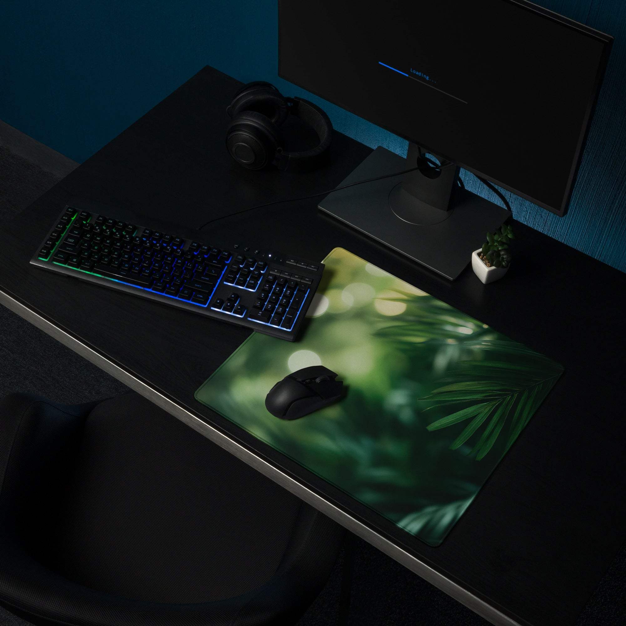 Green tropical leaf patterned large gaming mouse pad with non-slip backing