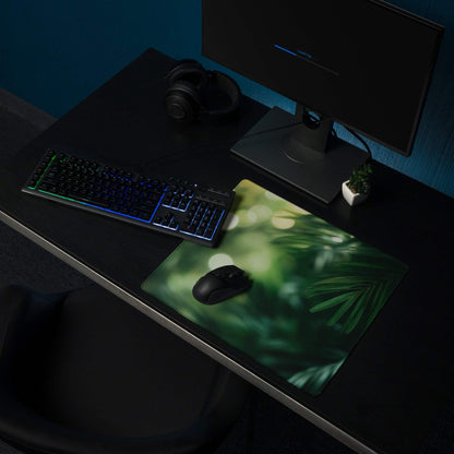 Green tropical leaf patterned large gaming mouse pad with non-slip backing