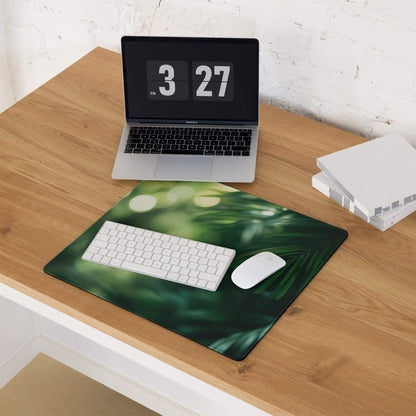 Green leaf-patterned large gaming mouse pad with bokeh effect