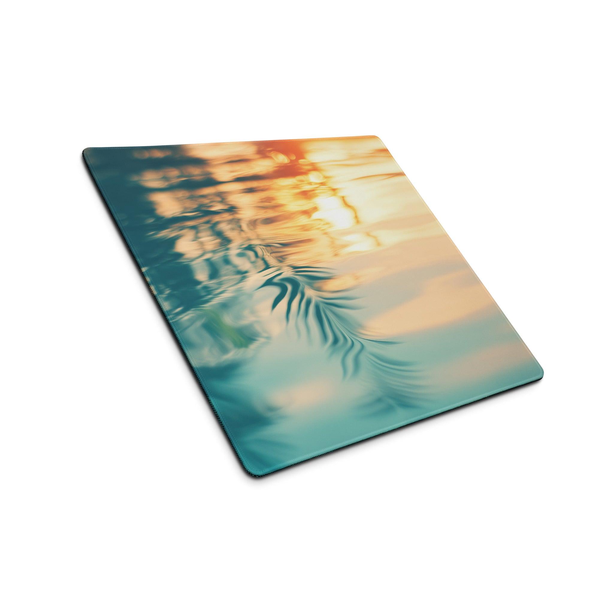 Ocean sunset gaming mouse pad with serene teal palm reflection design