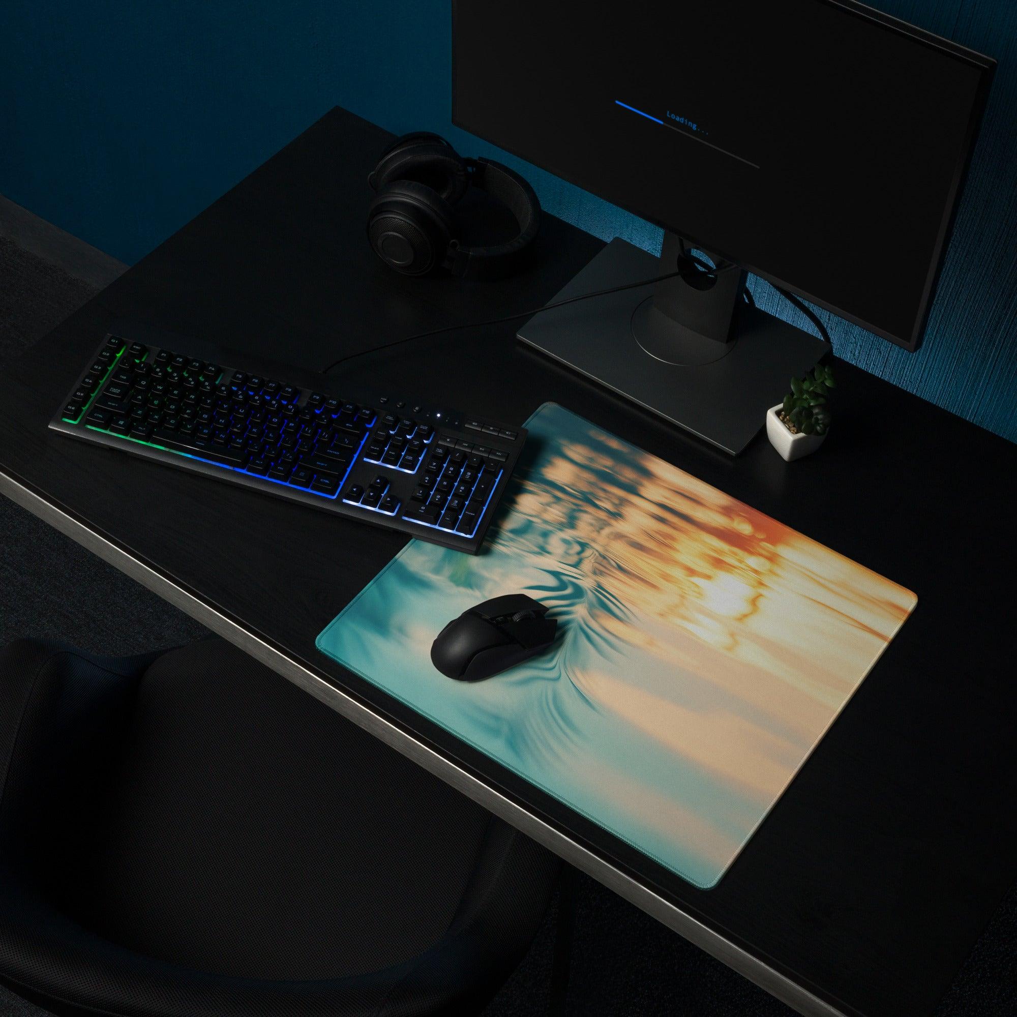 Ocean Sunset gaming mouse pad with teal orange gold waves, large non-slip stitched design