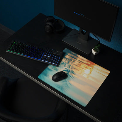 Ocean Sunset gaming mouse pad with teal orange gold waves, large non-slip stitched design