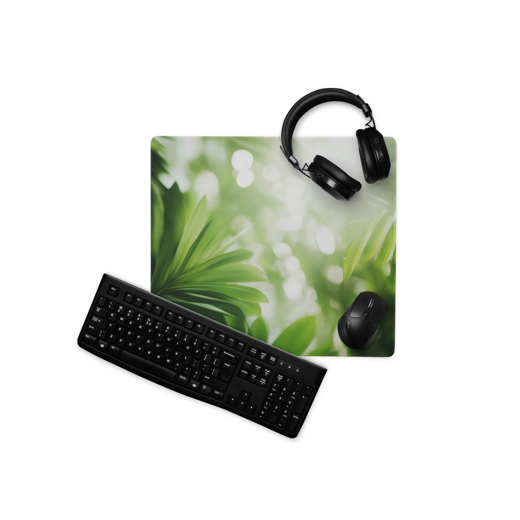 Green leaf-patterned large gaming mousepad with black keyboard and headphones